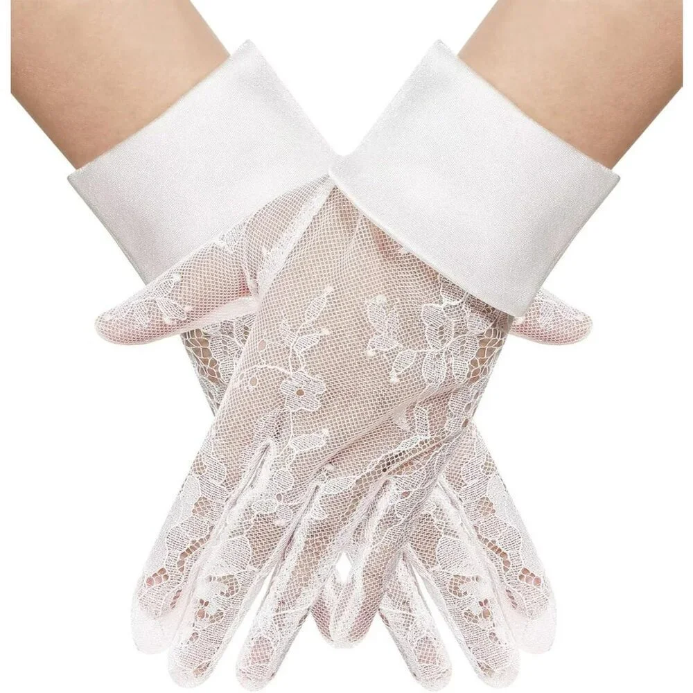 Women's Lvory 02 Floral Short Length Lace Tulle Mesh Wrist Wedding Party Gloves